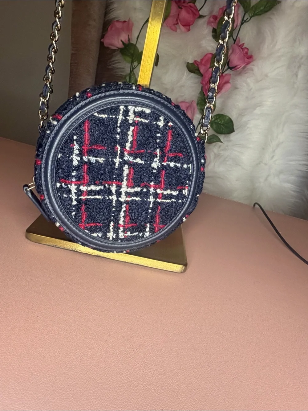 Chanel Filigree Round Clutch with Chain Tweed Navy Red Crossbody Bag